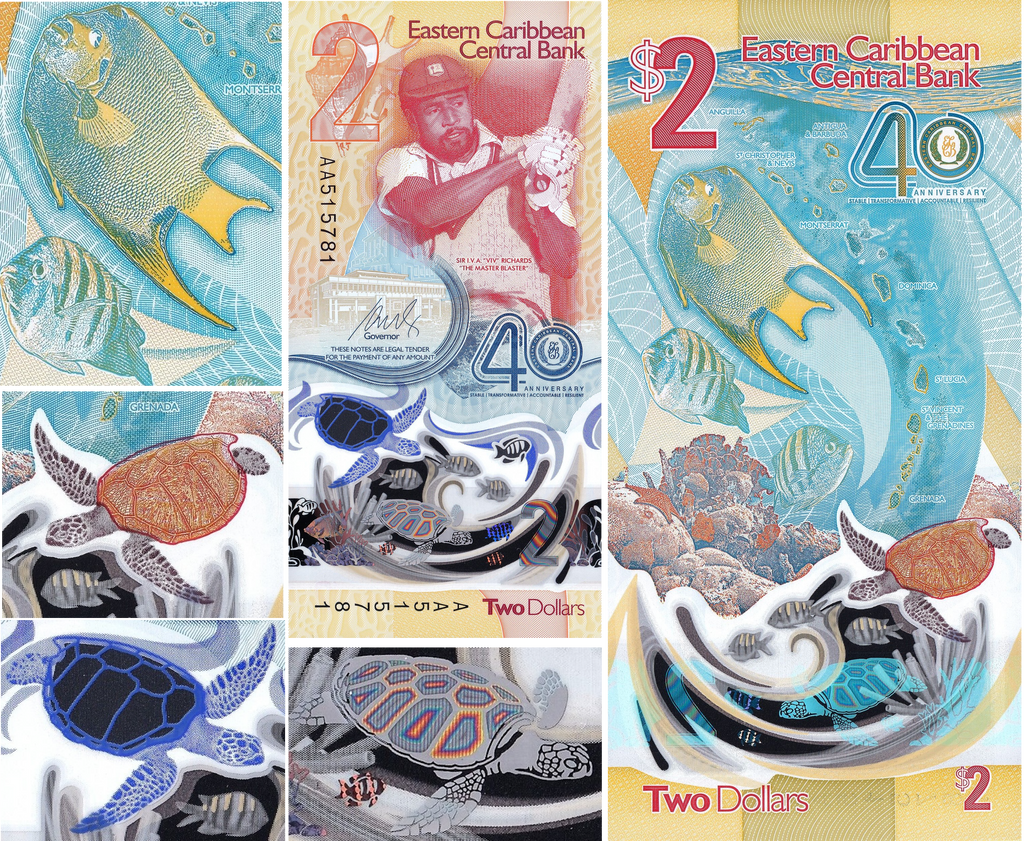 East Caribbean P-61 2 dollars 2023｜Polymer｜Cricket｜Marine Life｜Banknote of the Year