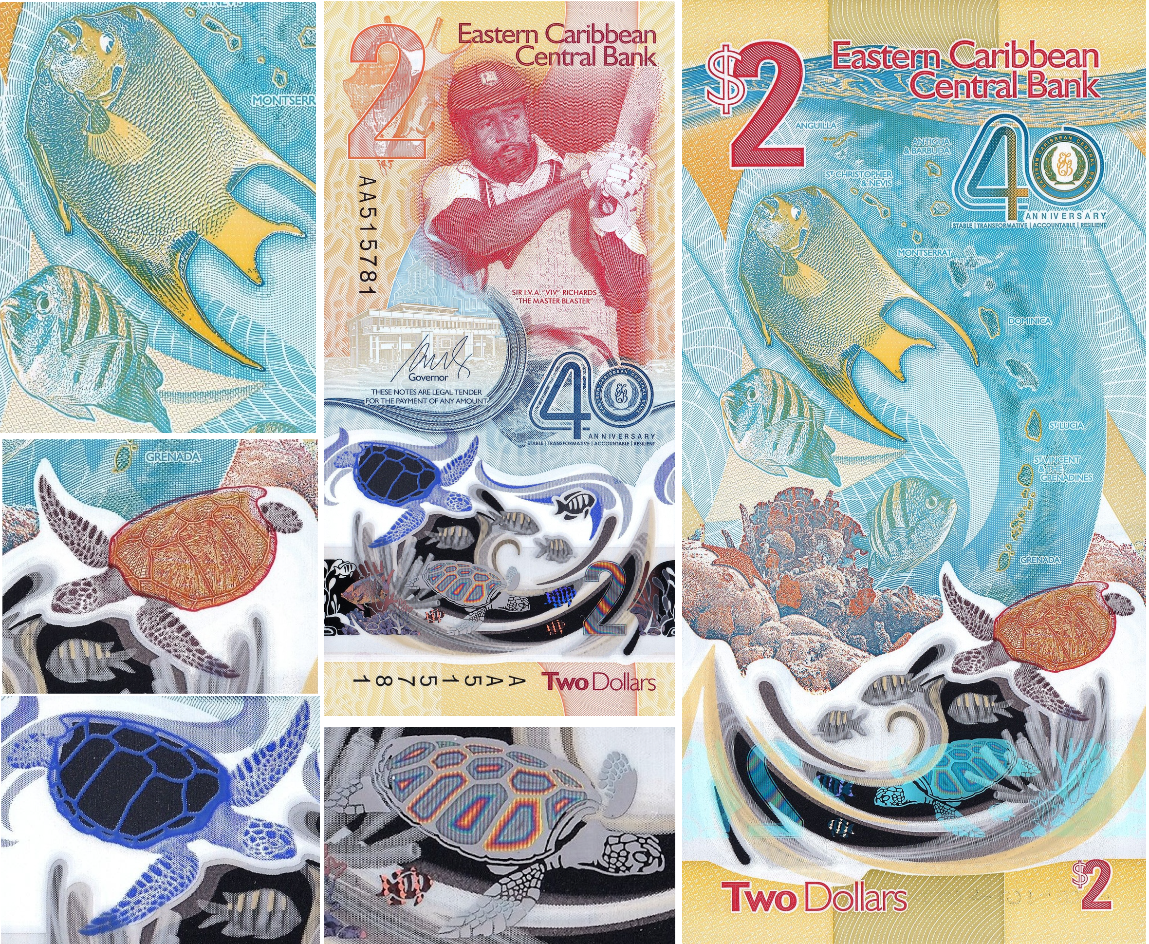 East Caribbean P-61 2 dollars 2023｜Polymer｜Cricket｜Marine Life｜Banknote of the Year