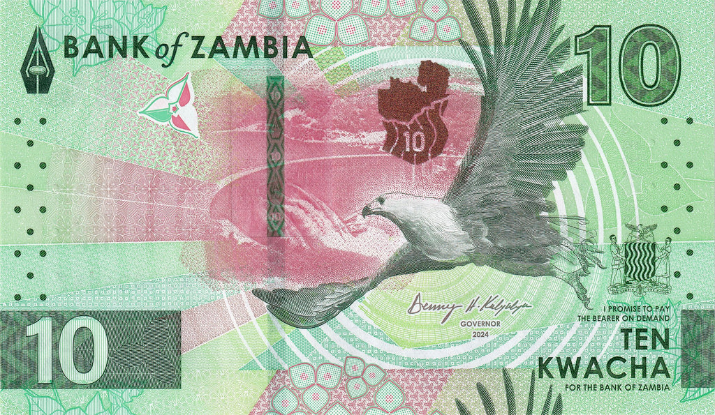 Zambia P-62 10 Kwacha 2024 UNC—Kariba Dam—Pangolin—Fish Eagle