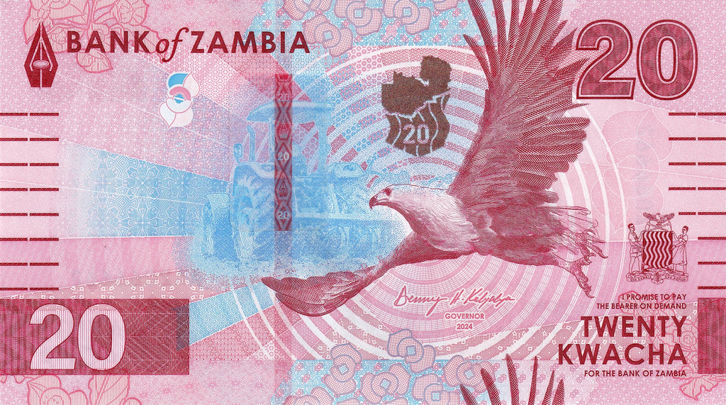 Zambia P-63 20 Kwacha 2024 UNC—Mauve (Pink/Lavender)—Water Buffalo—Waterfalls
