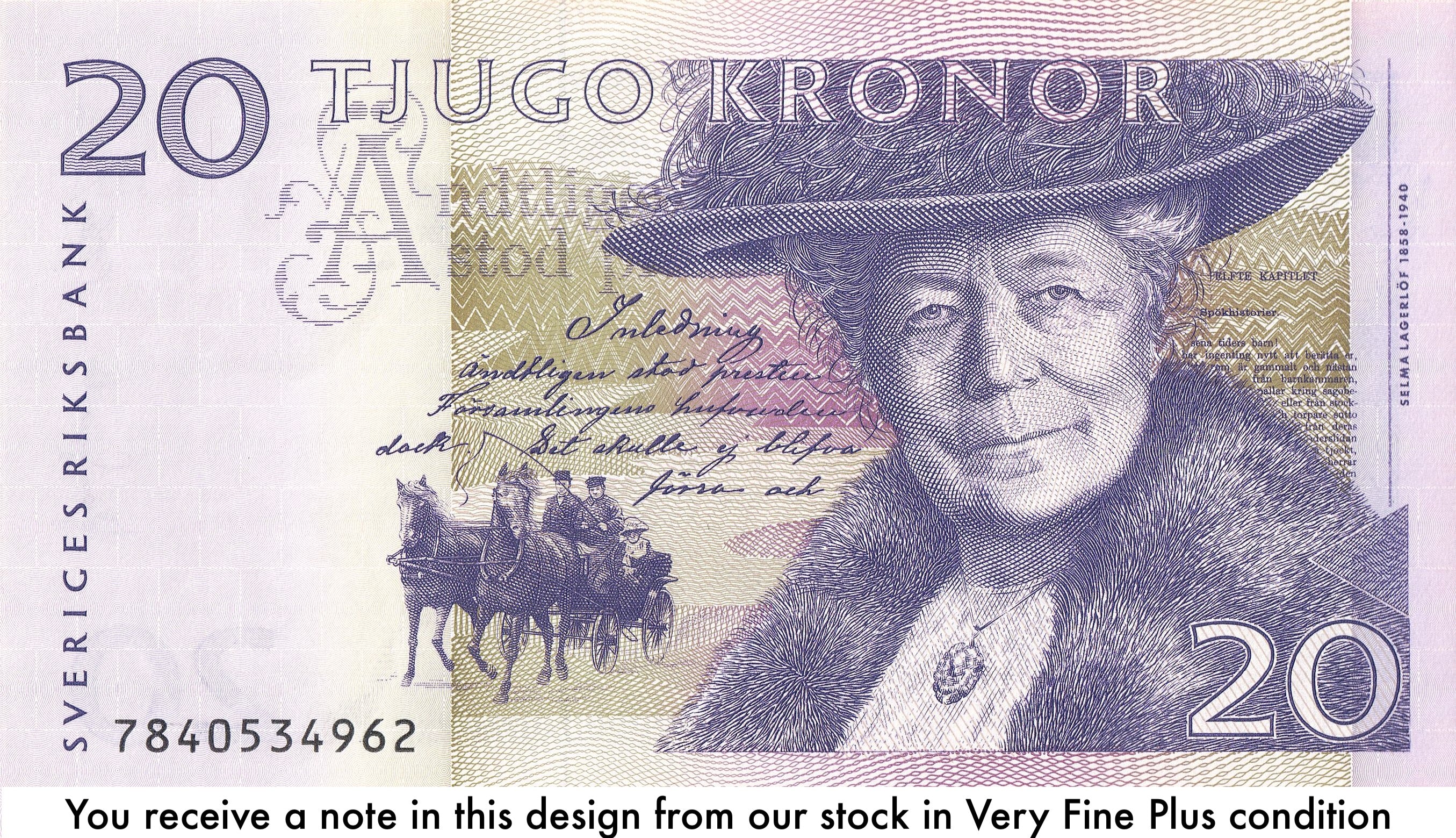 Sweden P-63 20 Kronor 1997-2008 VF+—Writer Lagerlöf—Goose—Woman—LGBT