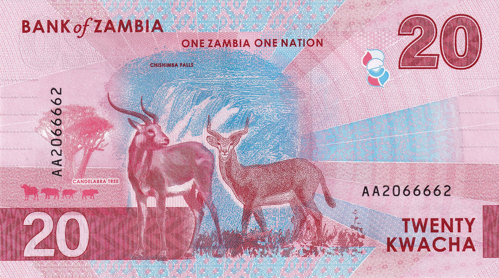 Zambia P-63 20 Kwacha 2024 UNC—Mauve (Pink/Lavender)—Water Buffalo—Waterfalls