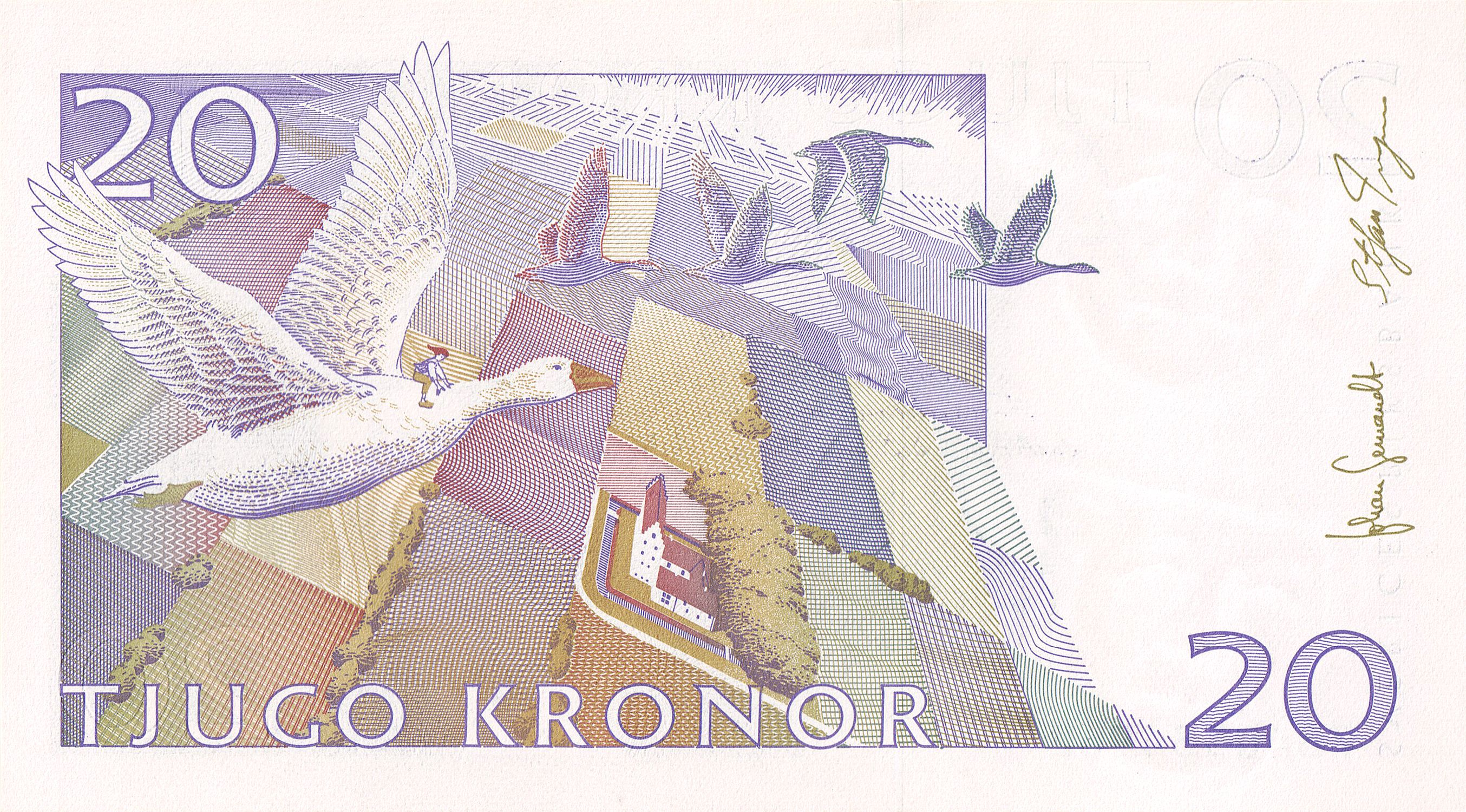 Sweden P-63 20 Kronor 1997-2008 VF+—Writer Lagerlöf—Goose—Woman—LGBT