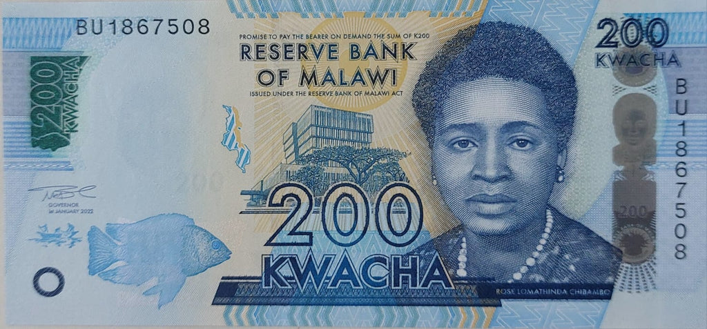 Malawi P-65A 200 Kwacha 2022 UNC—Rose Chibambo—New Parliament