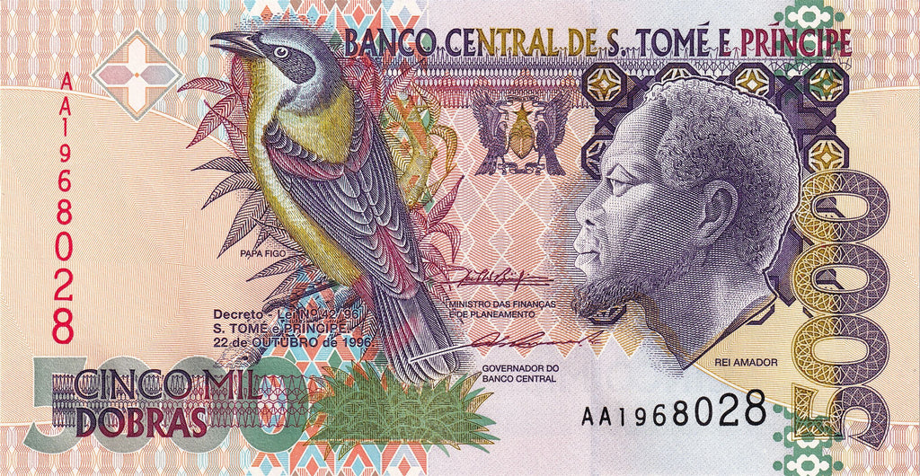 Sao Tome and Principe P-65a 5000 dobras 1996 UNC｜Anti-Slavery Leader｜starling bird
