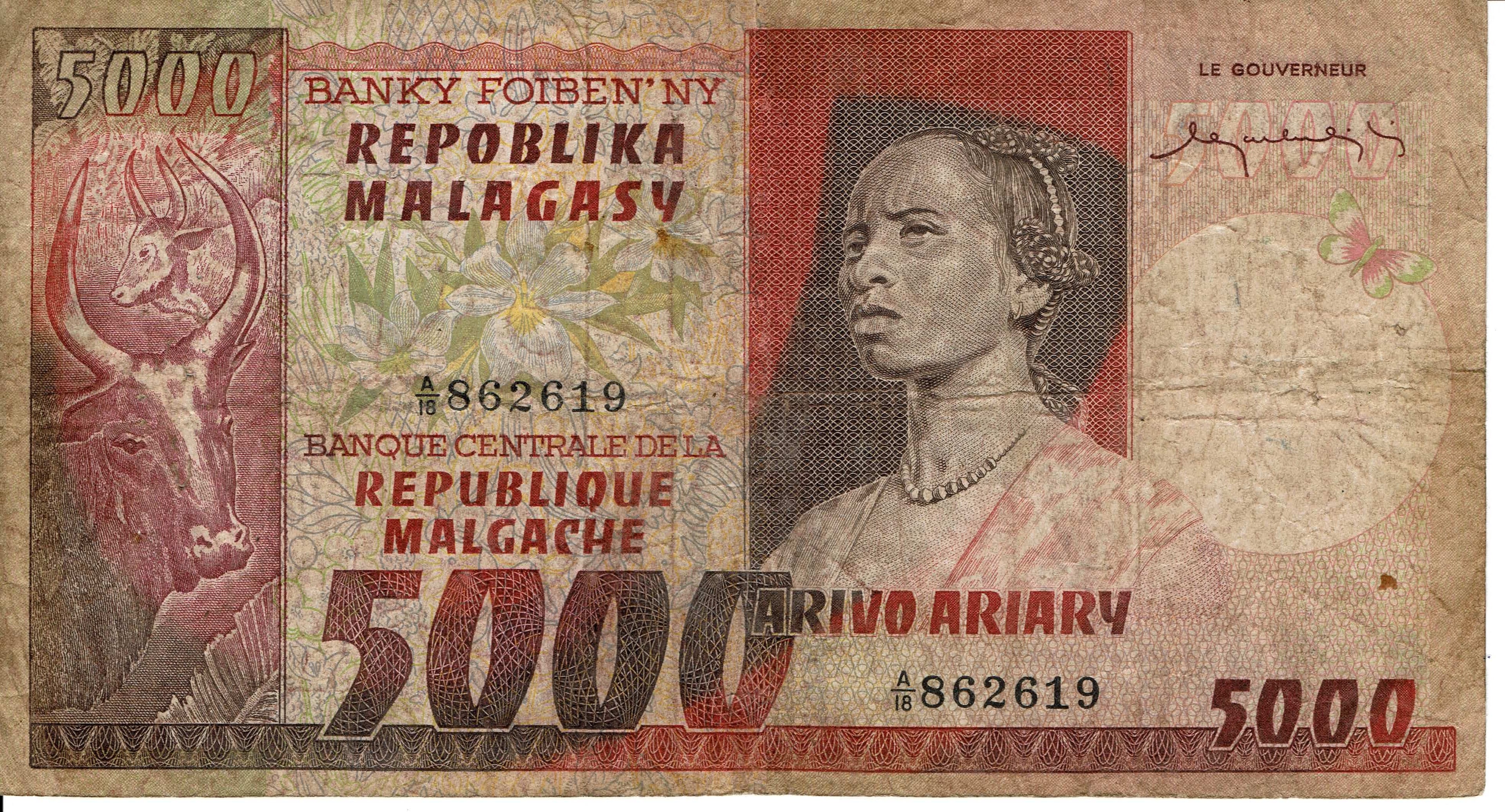 Madagascar P-66 5000 Francs 1975 circulated—HUGE STUNNING BURGUNDY NOTE