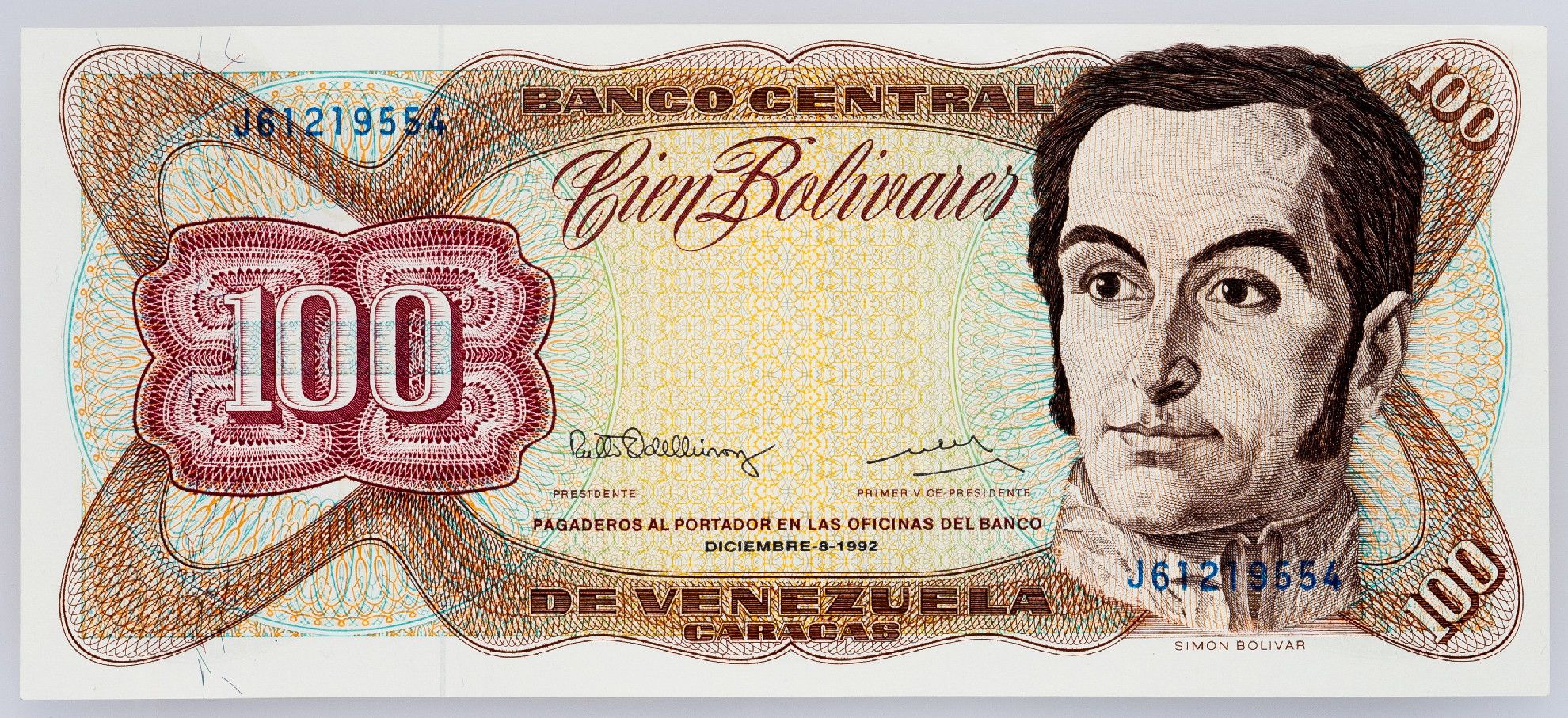 Venezuela P-66e 100 bolívares 1992 UNC｜Simón Bolívar