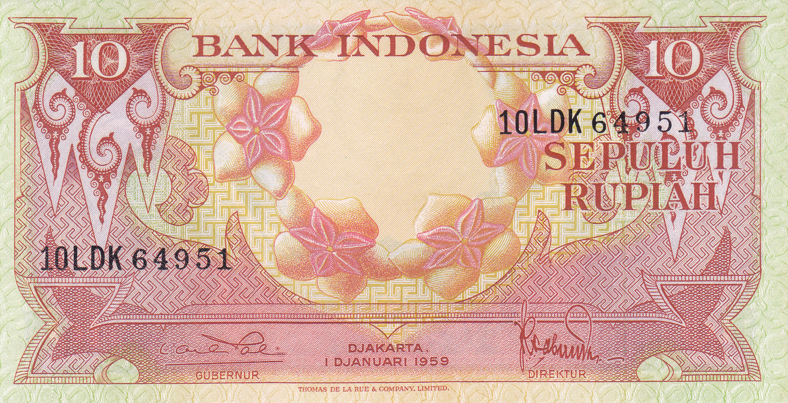 Indonesia P-66 10 rupiah 1959 UNC｜Cockatoo | red front but green back 21551