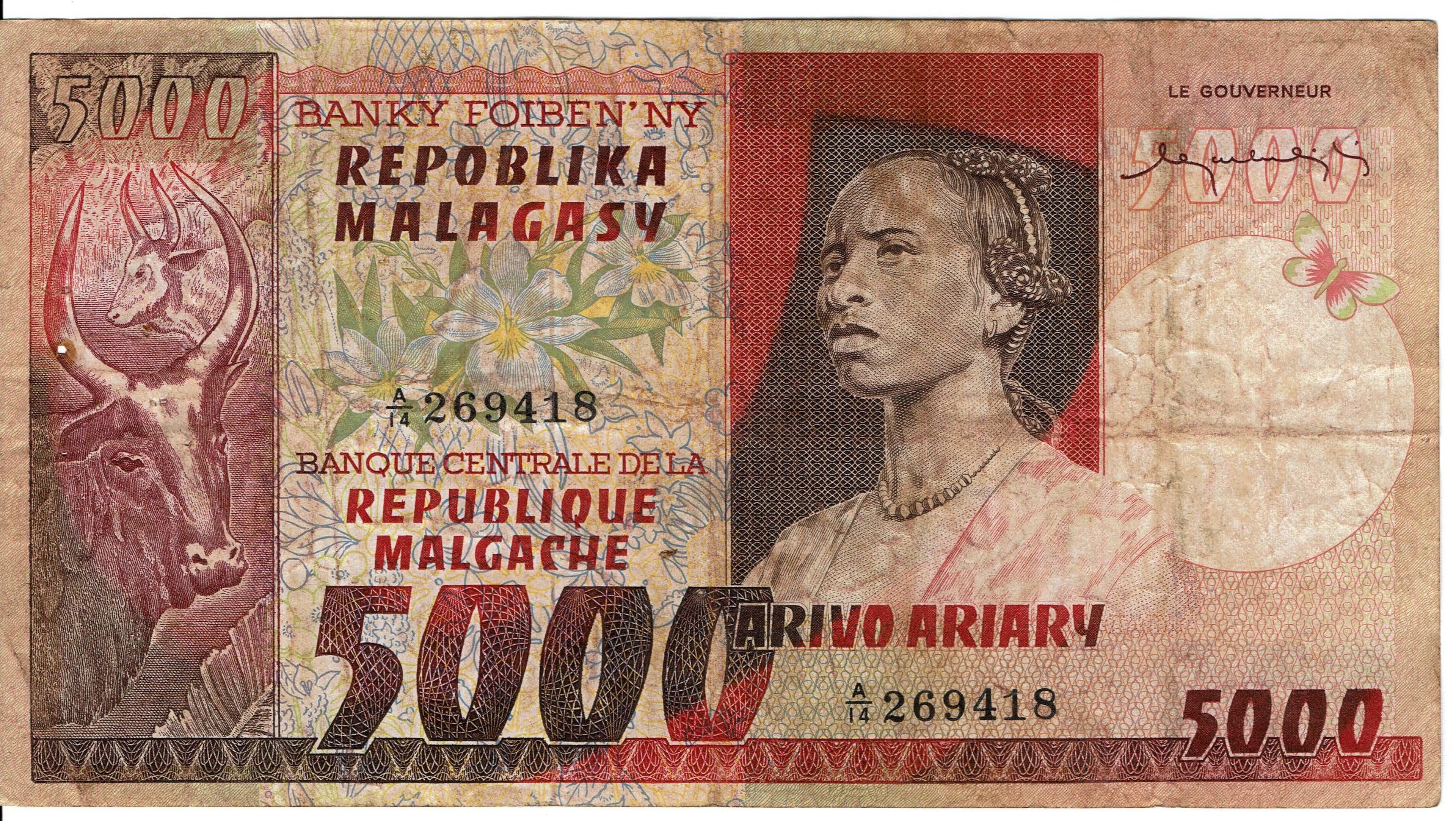 Madagascar P-66 5000 Francs 1975 circulated—HUGE STUNNING BURGUNDY NOTE