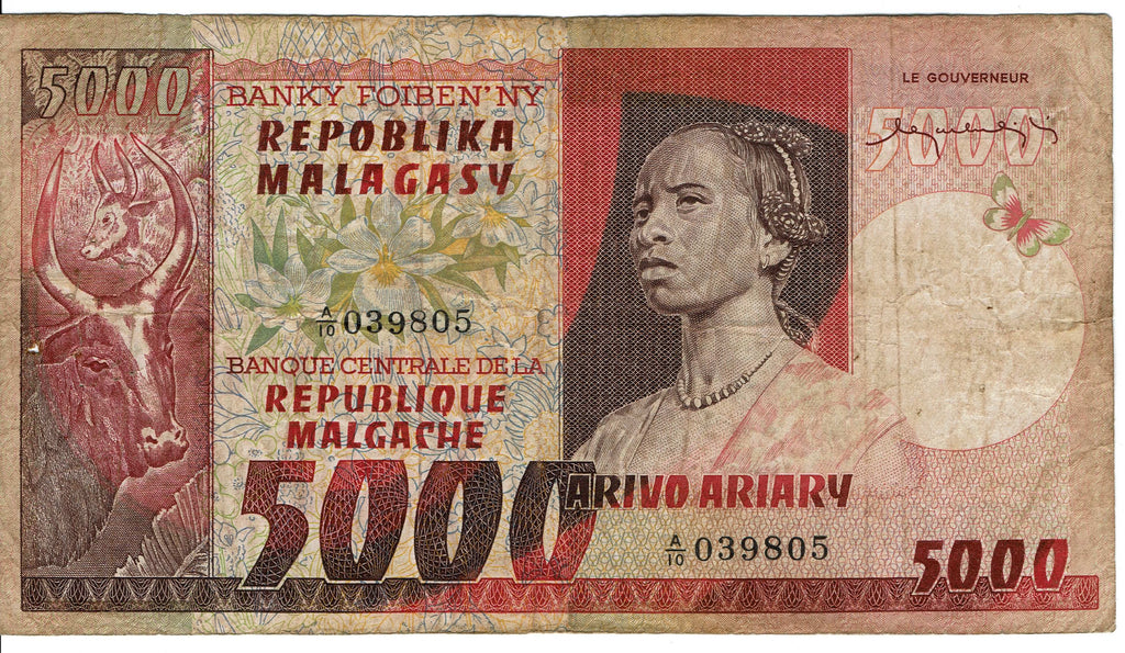 Madagascar P-66 5000 Francs 1975 circulated—HUGE STUNNING BURGUNDY NOTE