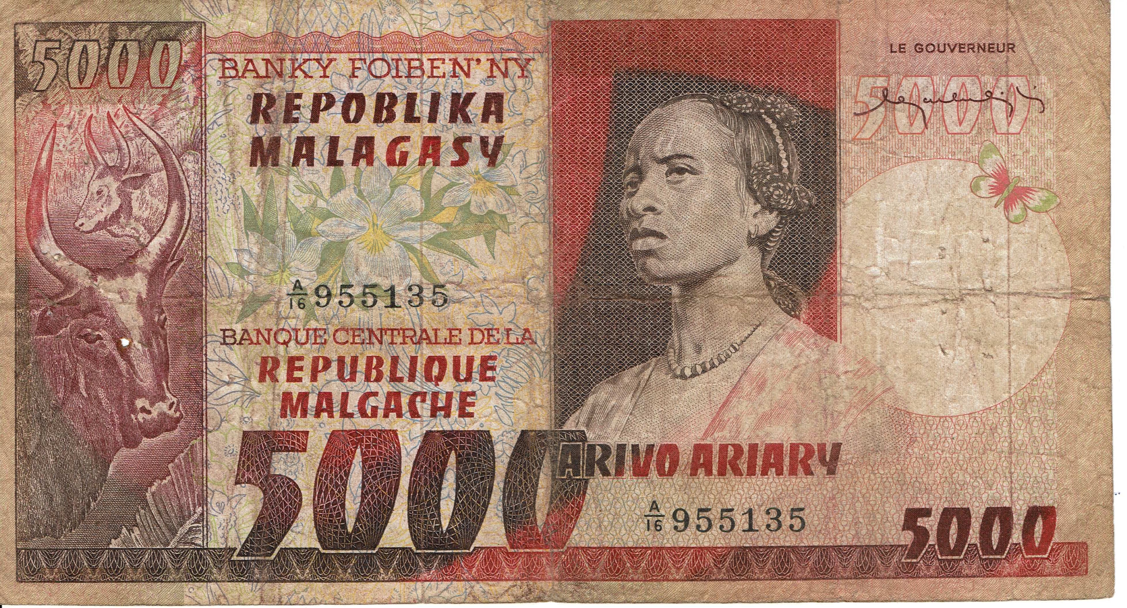 Madagascar P-66 5000 Francs 1975 circulated—HUGE STUNNING BURGUNDY NOTE