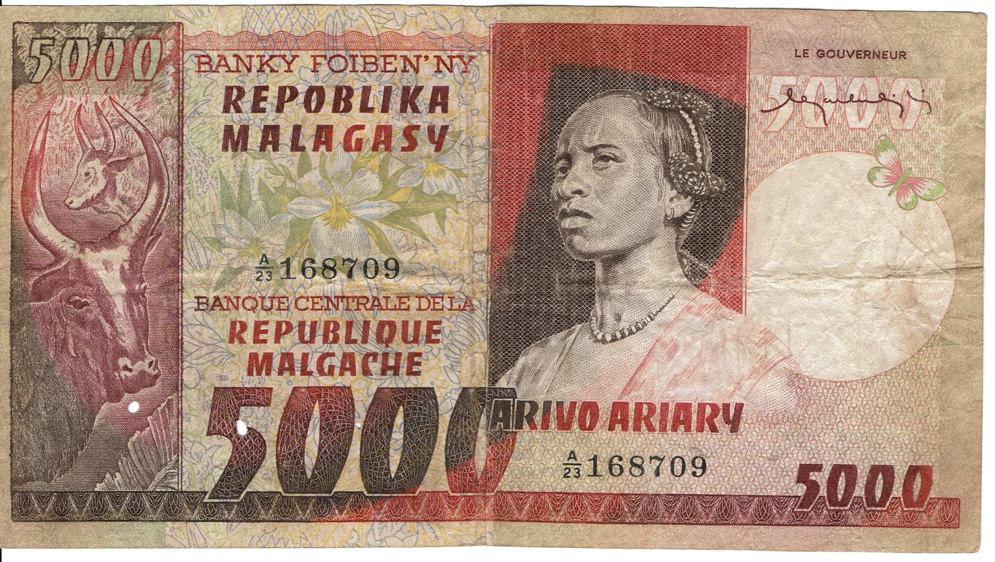 Madagascar P-66 5000 Francs 1975 circulated—HUGE STUNNING BURGUNDY NOTE