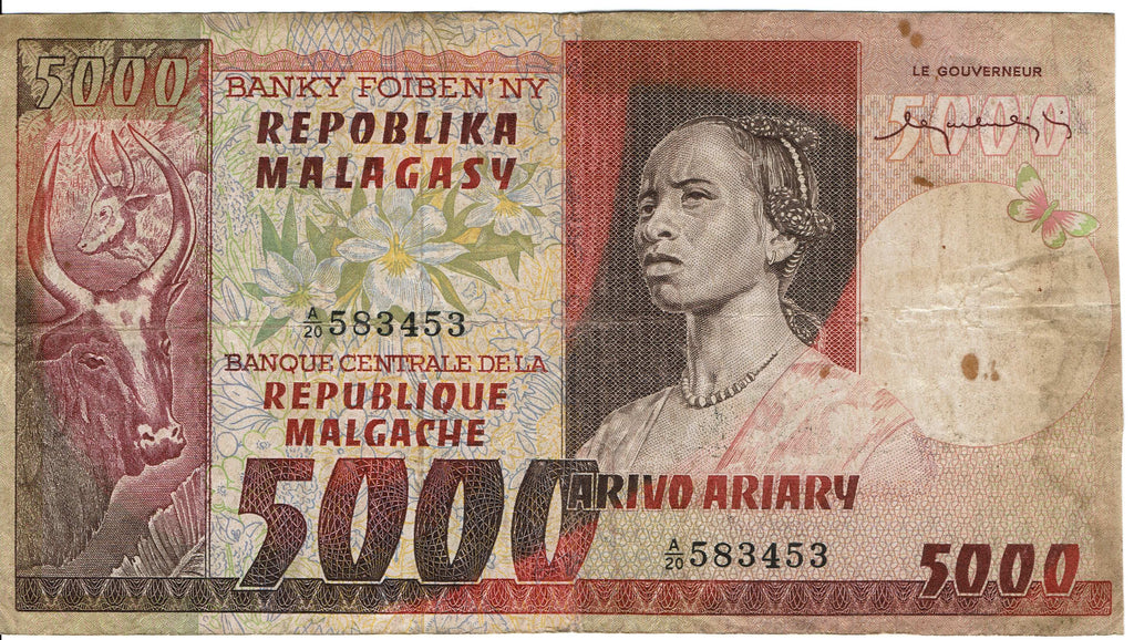 Madagascar P-66 5000 Francs 1975 circulated—HUGE STUNNING BURGUNDY NOTE