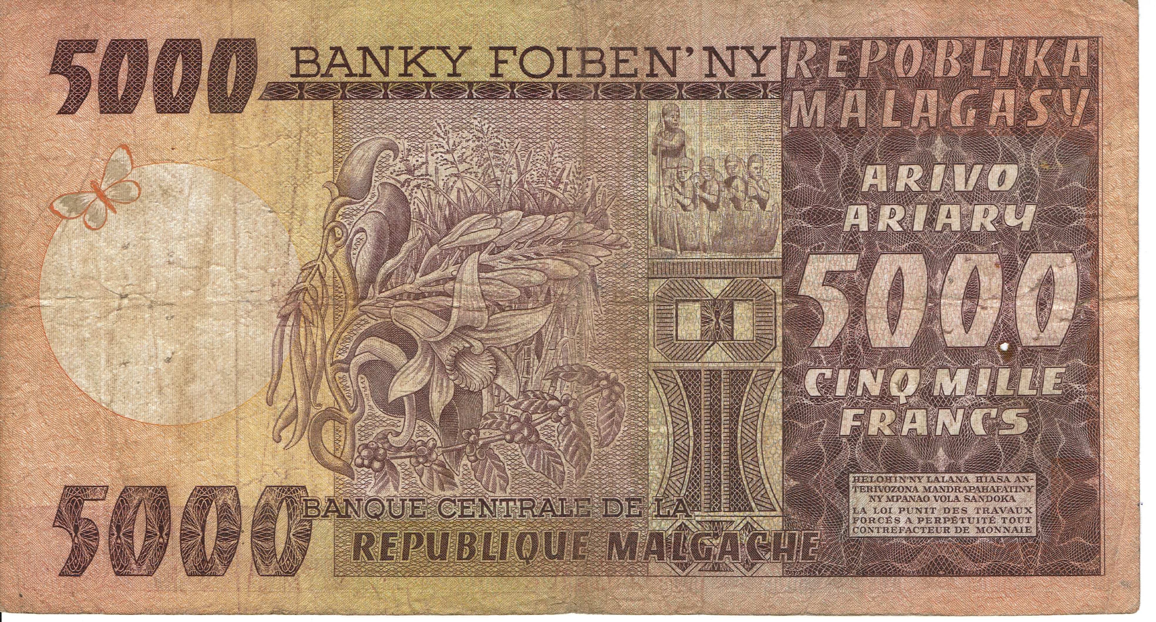 Madagascar P-66 5000 Francs 1975 circulated—HUGE STUNNING BURGUNDY NOTE