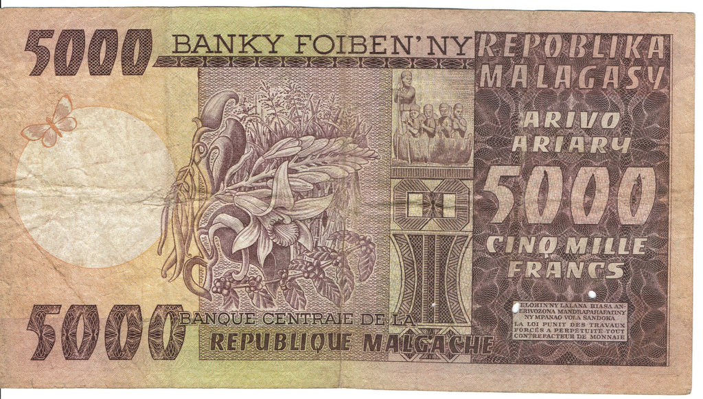 Madagascar P-66 5000 Francs 1975 circulated—HUGE STUNNING BURGUNDY NOTE