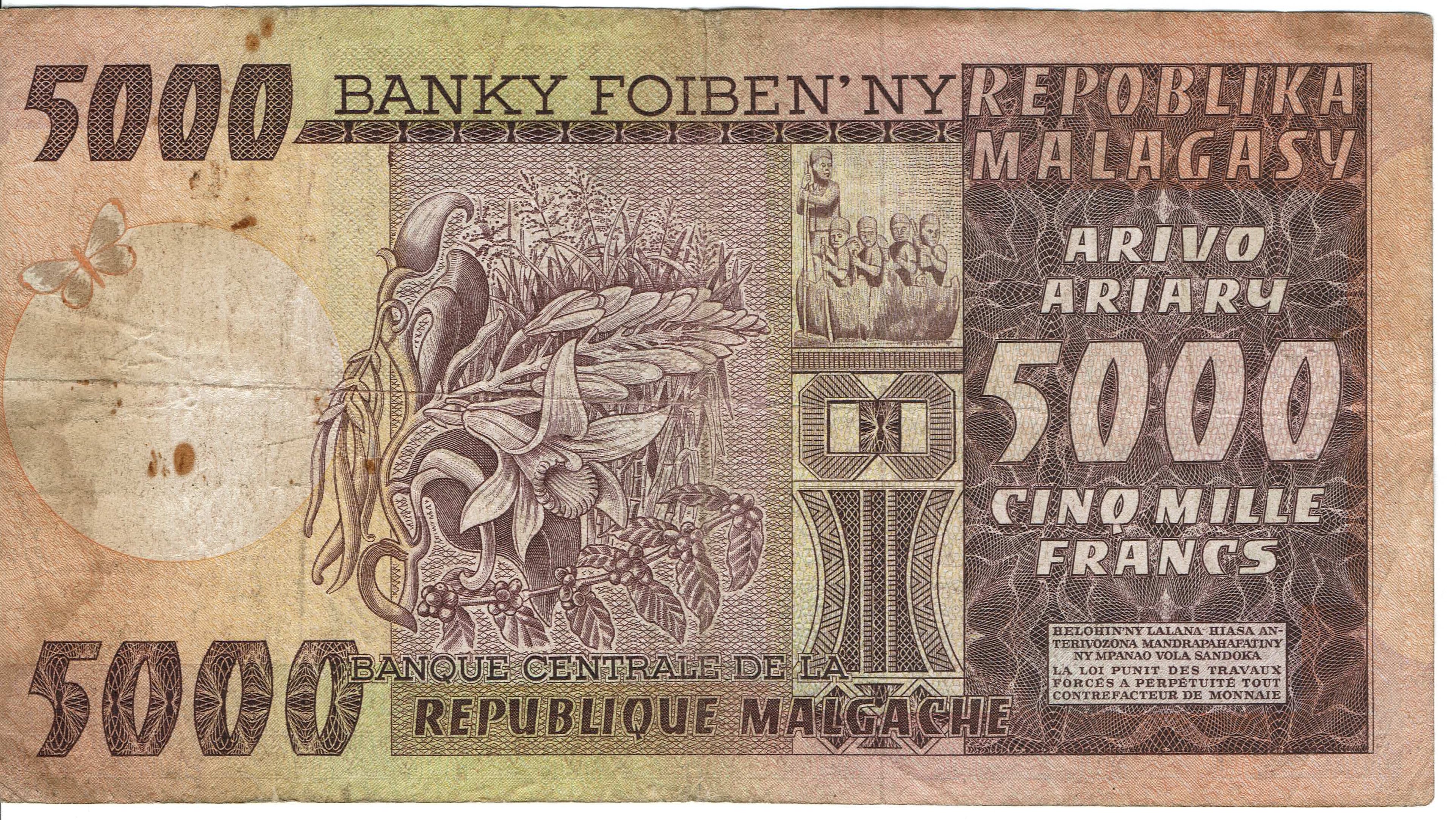 Madagascar P-66 5000 Francs 1975 circulated—HUGE STUNNING BURGUNDY NOTE