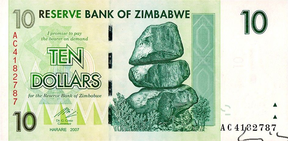 Zimbabwe P-67 10 Dollars 2007 VF Green