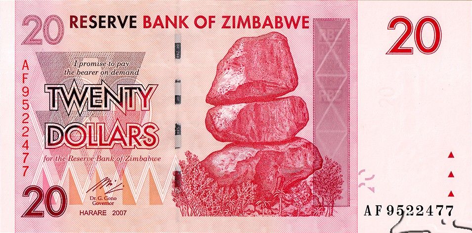 Zimbabwe P-68 20 Dollars 2007 VF Red
