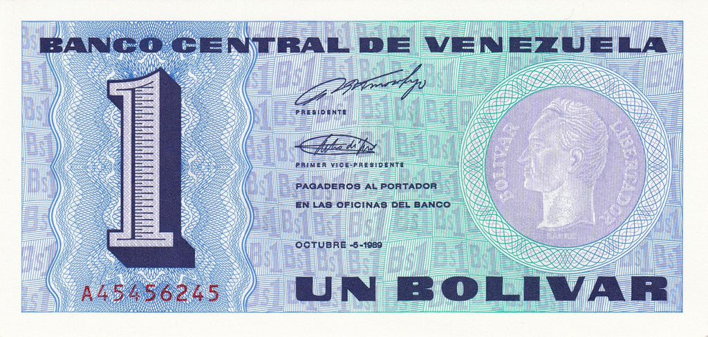 Venezuela P-68 1 bolívar 1989 UNC—small—blue-violet—coin—guilloche