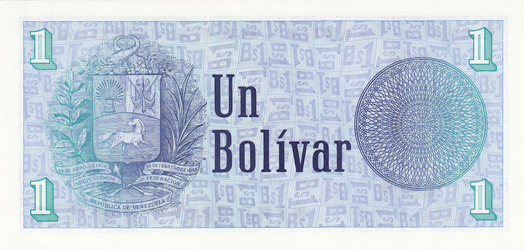 Venezuela P-68 1 bolívar 1989 UNC—small—blue-violet—coin—guilloche