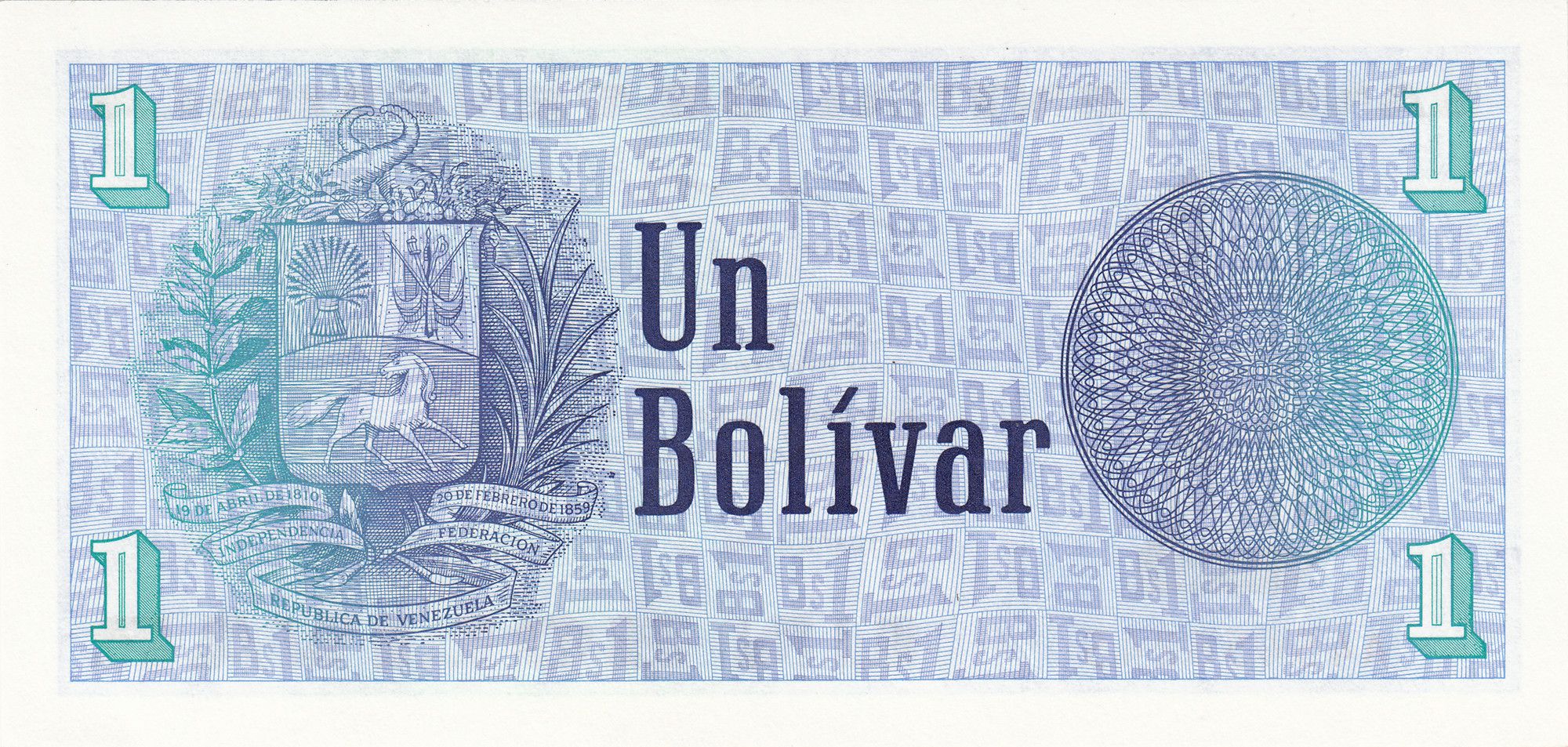 Venezuela P-68 1 bolívar 1989 UNC｜small｜blue-violet｜coin｜guilloche