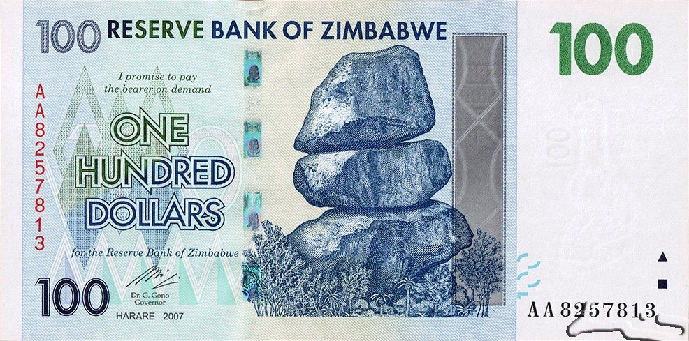 Zimbabwe P-69 100 Dollars 2007 VF Very Fine Light Blue