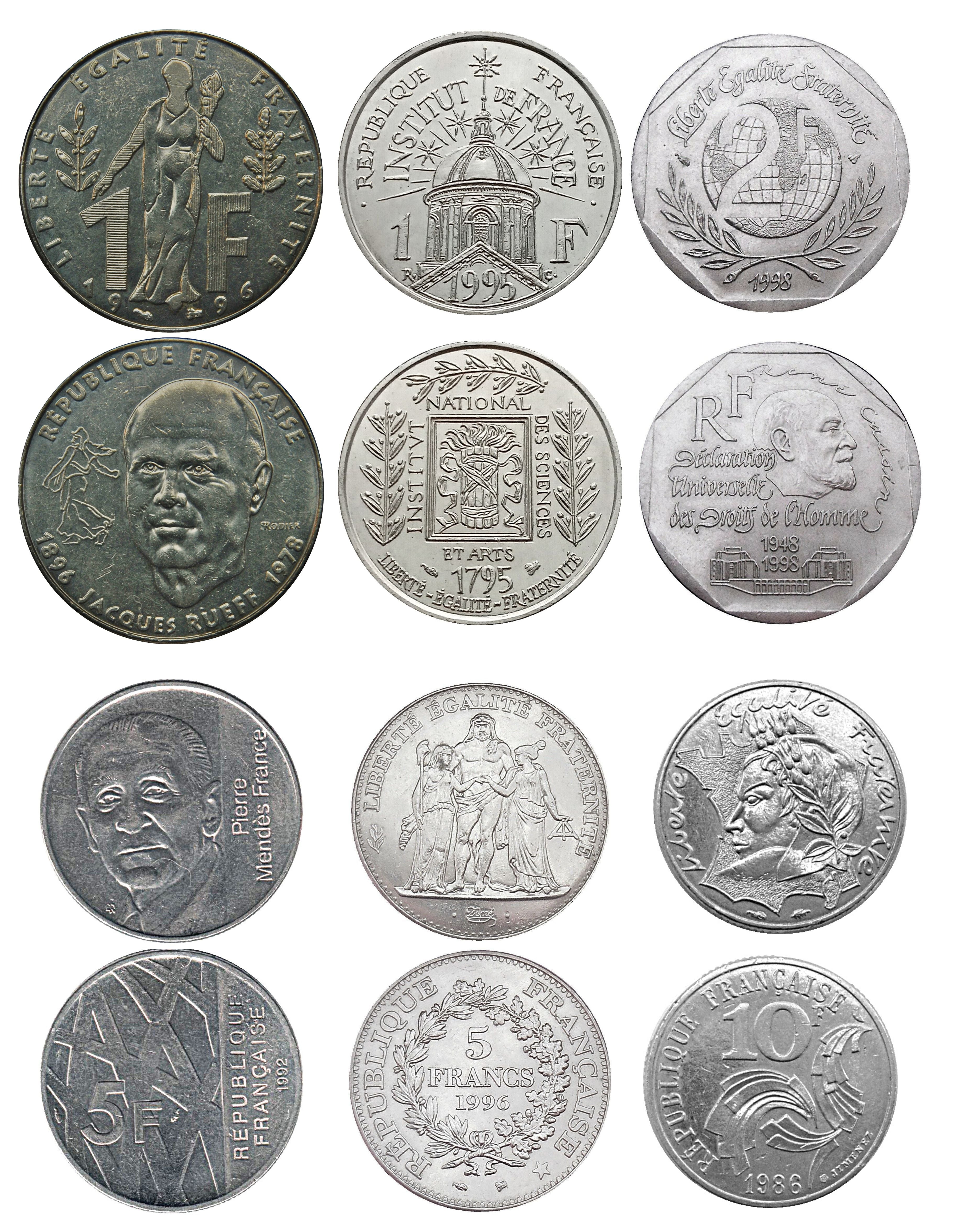 France 6 piece commemorative coin set 1986-1998 (1-1-2-5-5-10 Francs)