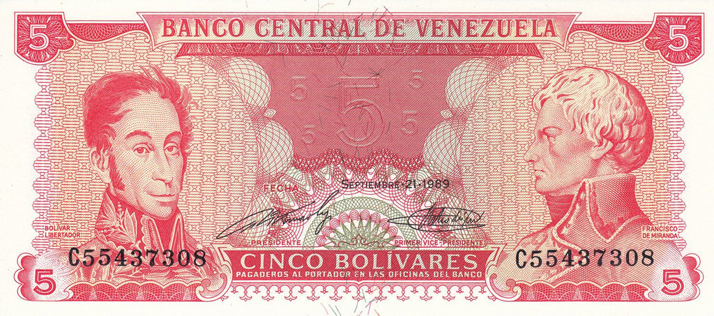 Venezuela P-70 5 bolívares 1989 F-VF FINE to VERY FINE condition