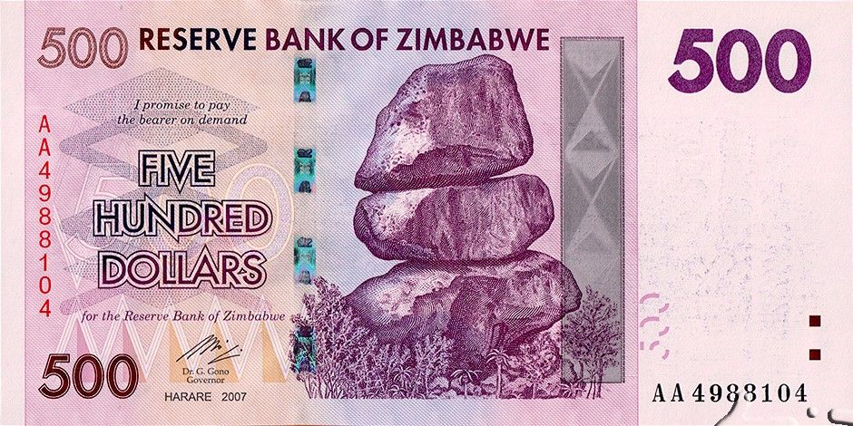 Zimbabwe P-70 500 Dollars 2007 VF Very Fine Lavender