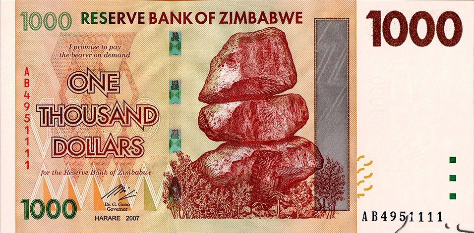 Zimbabwe P-71 1000 Dollars 2007 VF Light Orange