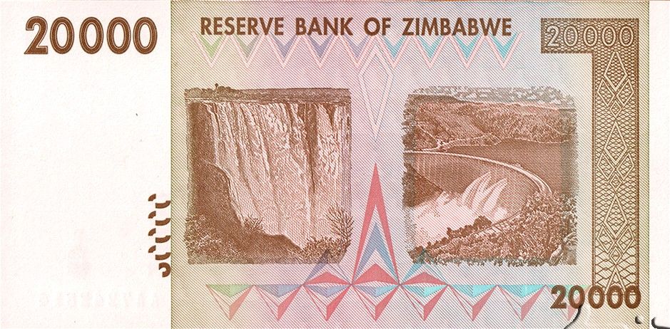 Zimbabwe P-73 20000 Dollars 2008 VF Brown and Green