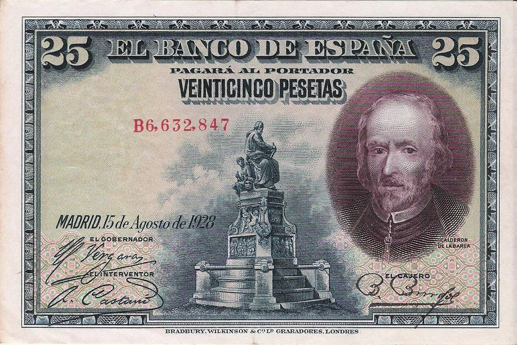Spain P-74c 25 pesetas 1928 VF｜Calderón de la Barca