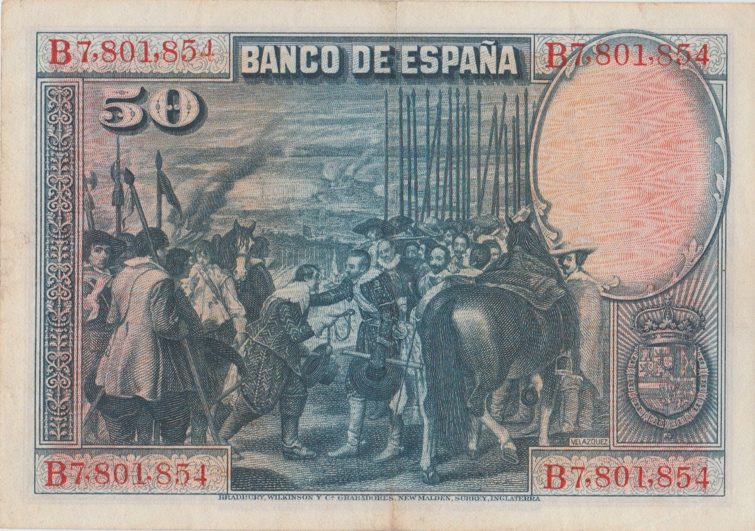 Spain P-75b 50 pesetas 1928 XF｜Velázquez painting "Breda"