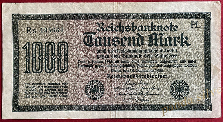 Germany Nazi Anti-Semitic Hitler Swastika Overprint on 1000 Mark P-76 Banknote FVF