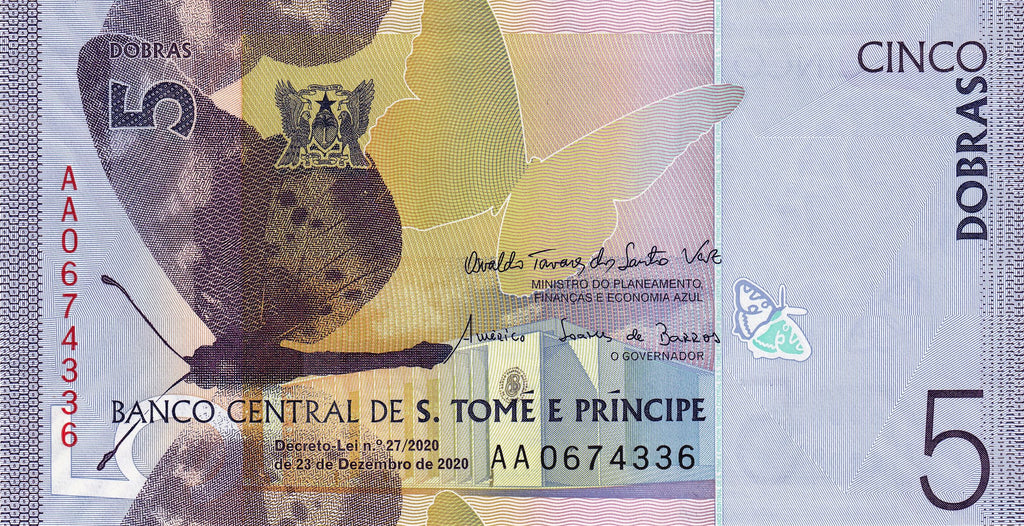 Sao Tome e Principe P-76a 5 Dobras 2020 UNC｜purple｜butterfly｜shrew