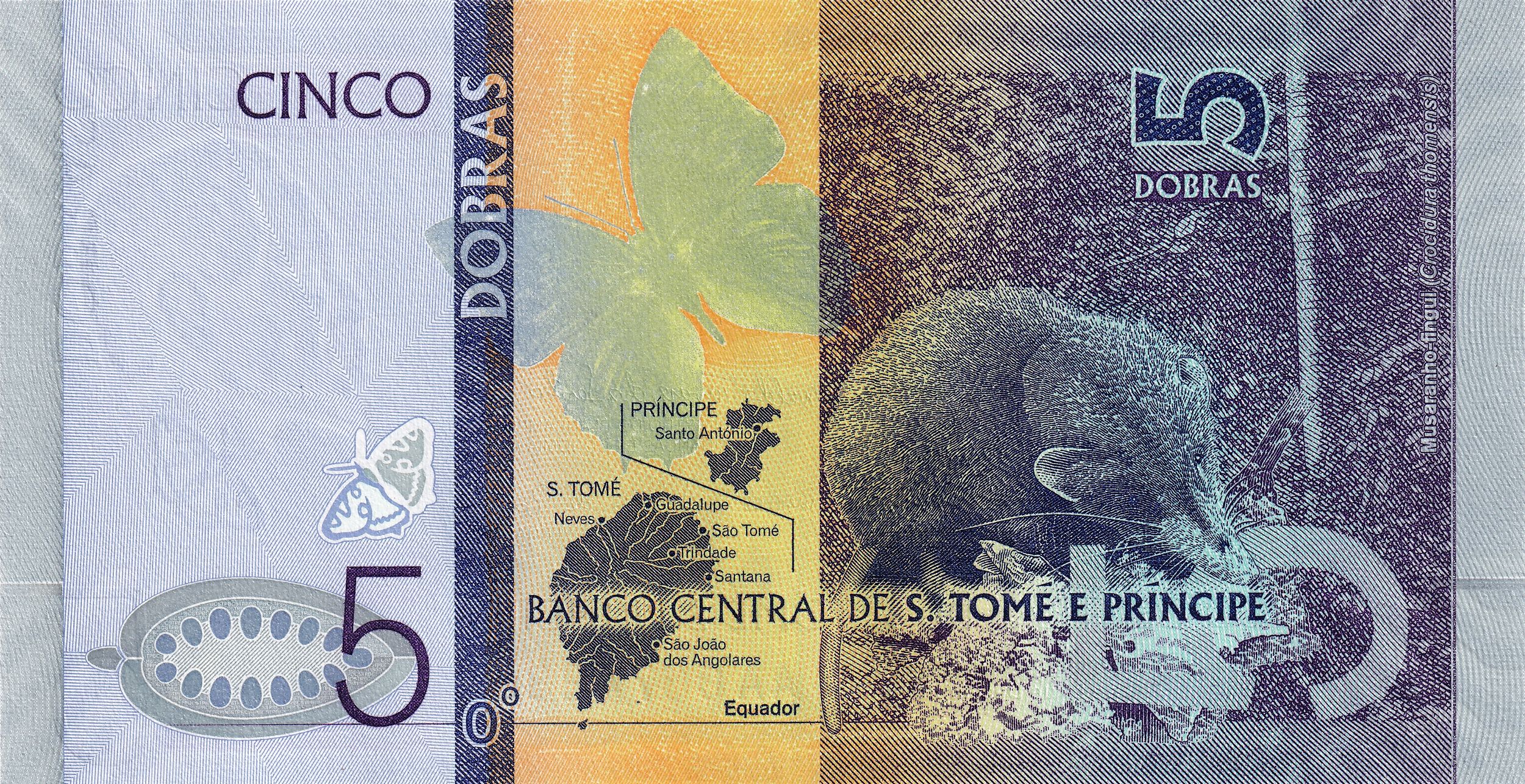 Sao Tome e Principe P-76a 5 Dobras 2020 UNC｜purple｜butterfly｜shrew