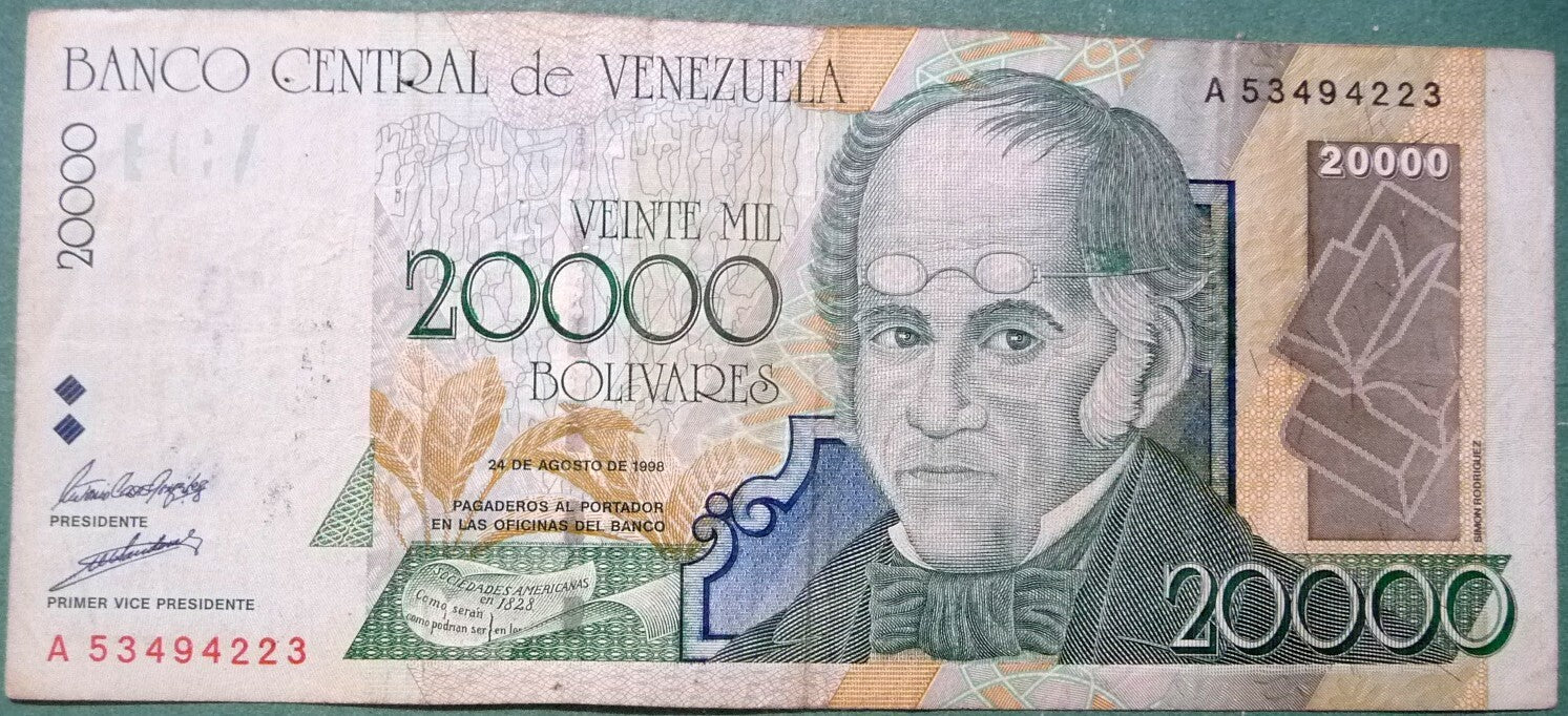 Venezuela P-82 20000 bolívares 1998 VF｜brown｜back: Angel Falls｜parrot｜waterfall｜Simón Rodríguez