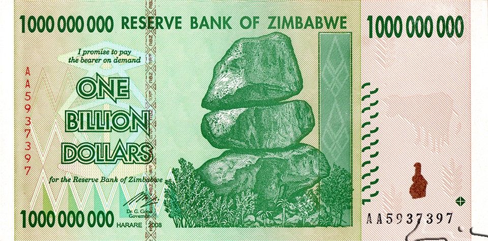 Zimbabwe P-83 1000000000 Dollars 2008 VF+ Very Fine Plus—One Billion Dollars