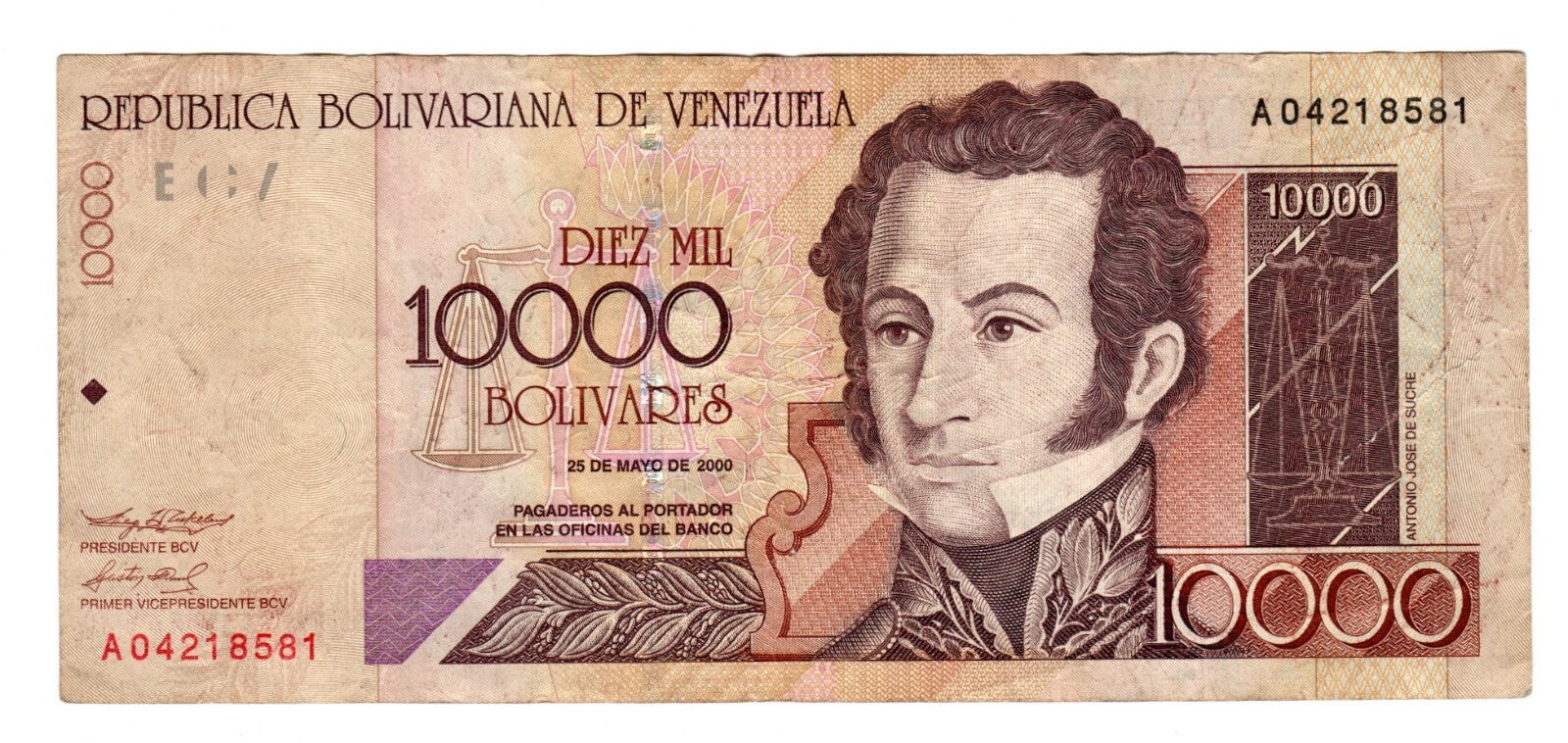 Venezuela P-85 10000 bolívares 2000-6 VF｜brown｜Sucre｜Supreme Court