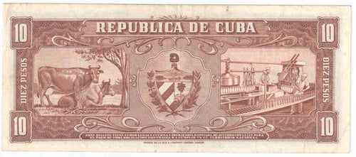 Caribbean P-88 10 pesos 1956–58-60 VF—pink gear wheels dairy