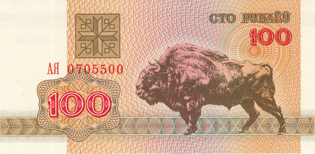 Belarus P-8 100 rubles rublei 1992 bison｜ knight｜ horse｜ sword