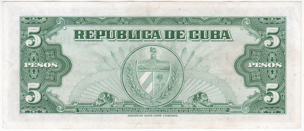 Caribbean P-92 5 pesos 1960 AU｜sage green｜Máximo Gómez