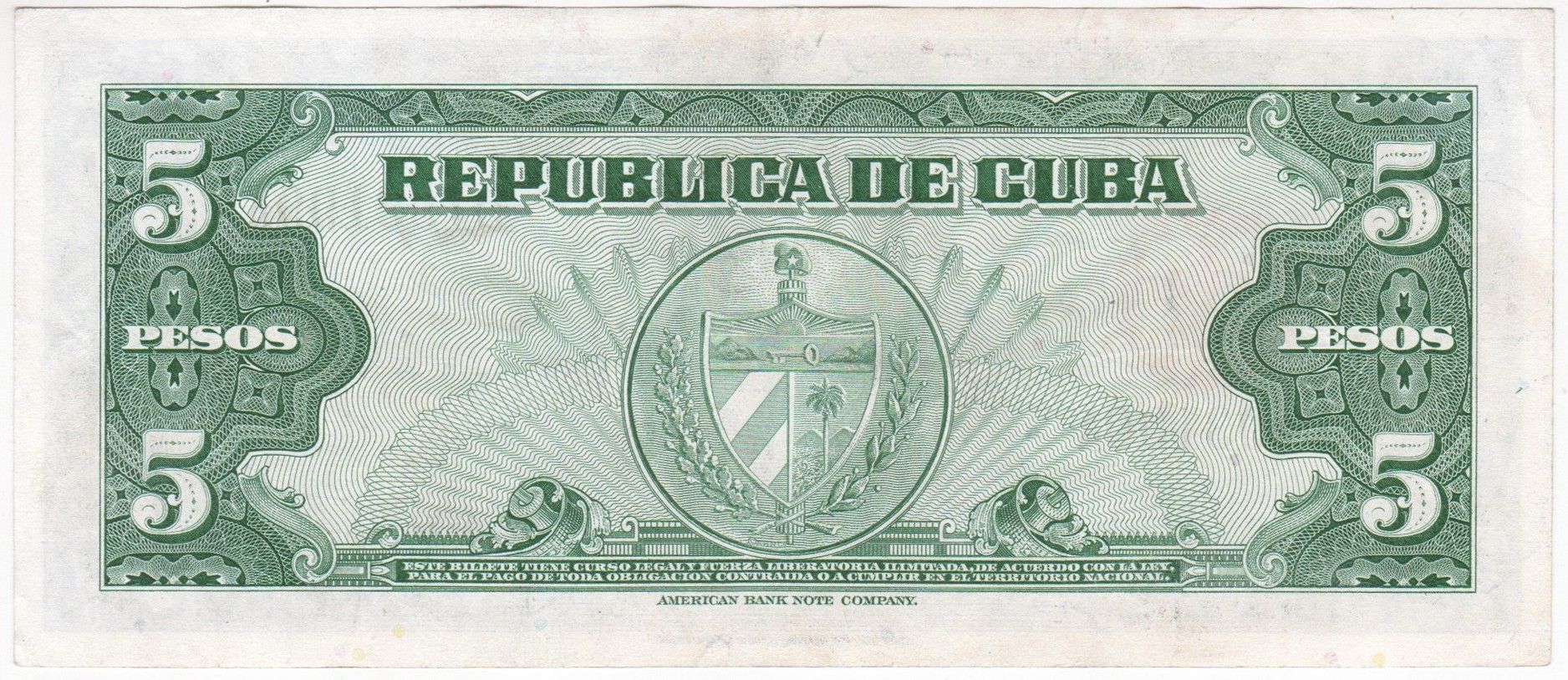 Caribbean P-92 5 pesos 1960 VF Very Fine｜seafoam green