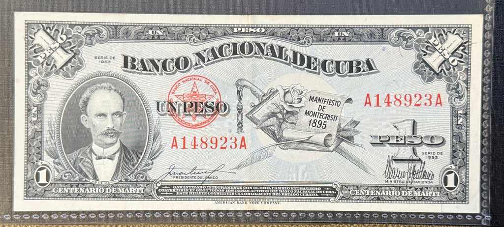 Caribbean P-86 1 peso 1953 UNC RARE commemorative blue 100th anniv. birth of Μαrtί