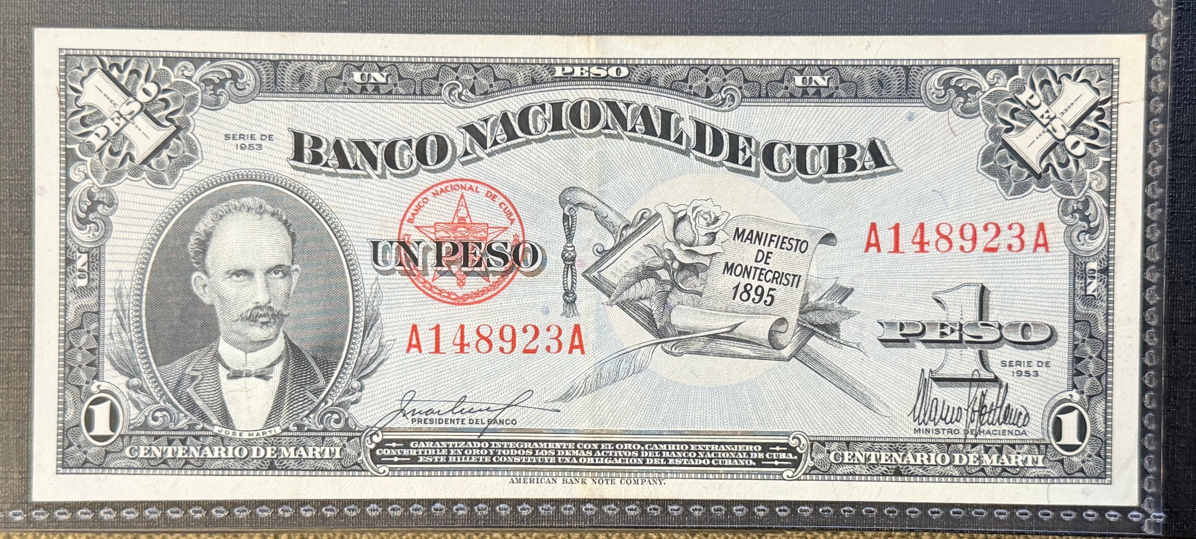 Caribbean P-93 1 peso 1953 UNC RARE commemorative blue 100th anniv. birth of Μαrtί