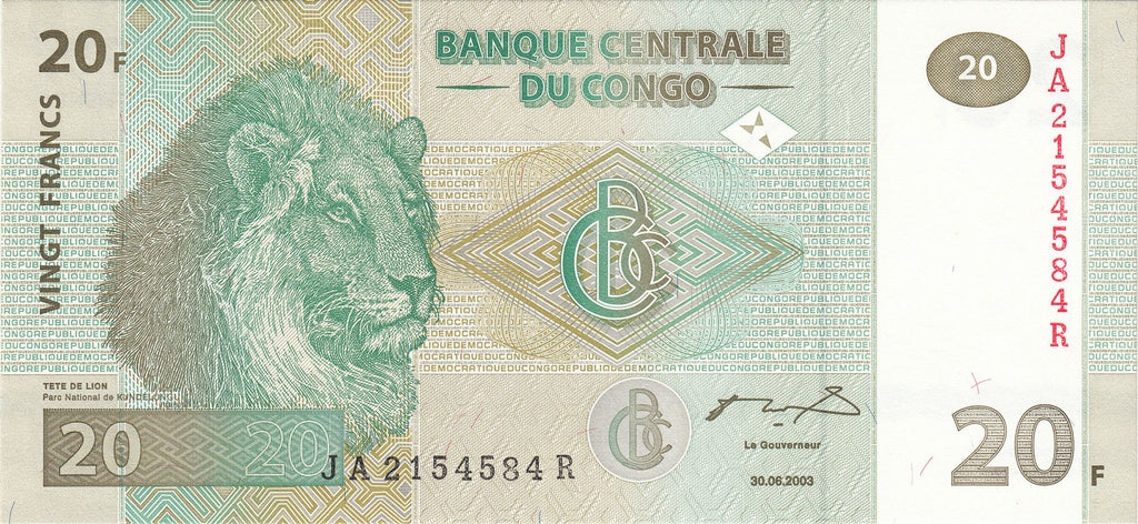 Congo P-94a 20 Francs 2003 UNC Lion Lioness Cubs