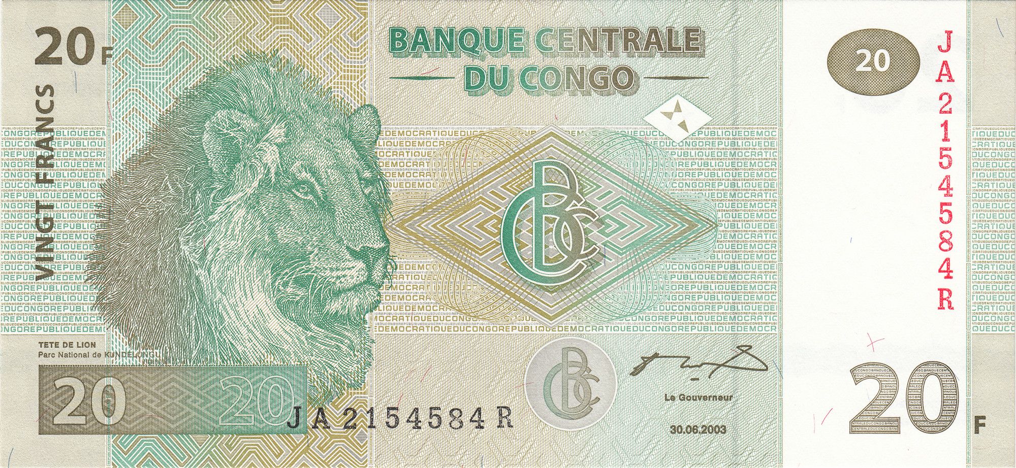 Congo P-94a 20 Francs 2003 UNC Lion Lioness Cubs