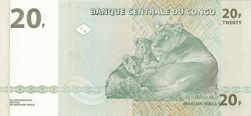 Congo P-94a 20 Francs 2003 UNC Lion Lioness Cubs