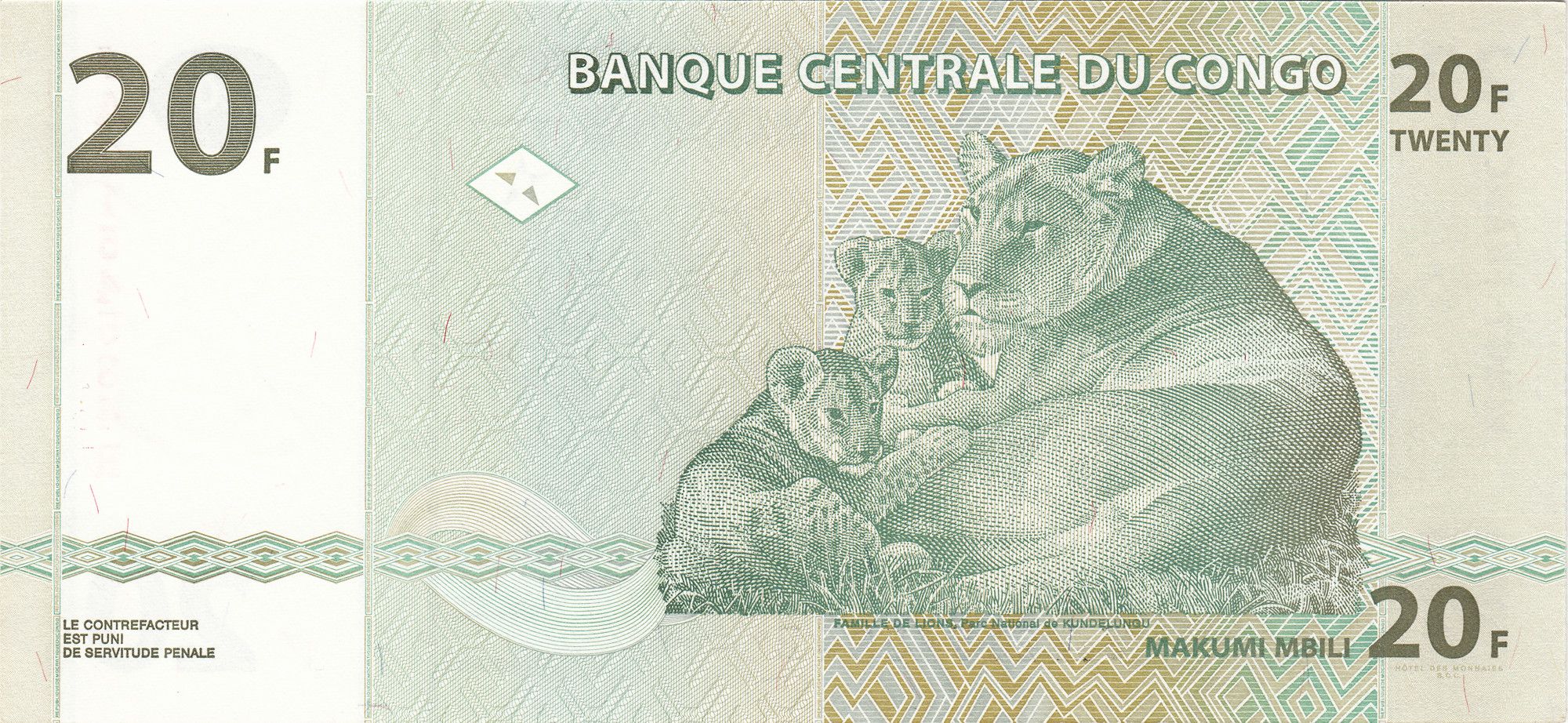 Congo P-94a 20 Francs 2003 UNC Lion Lioness Cubs
