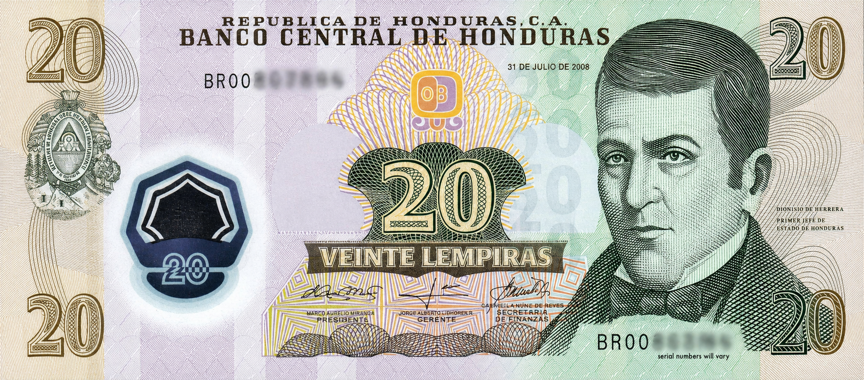 Honduras P-95b 20 Lempiras 2008 UNC—Polymer—José Herrera—Presidential House